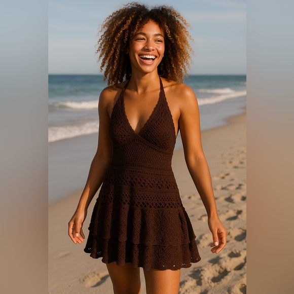 MODA Int Chocolate Brown Crochet Halter Mini Dress Boho Western Women Small - Picture 1 of 8